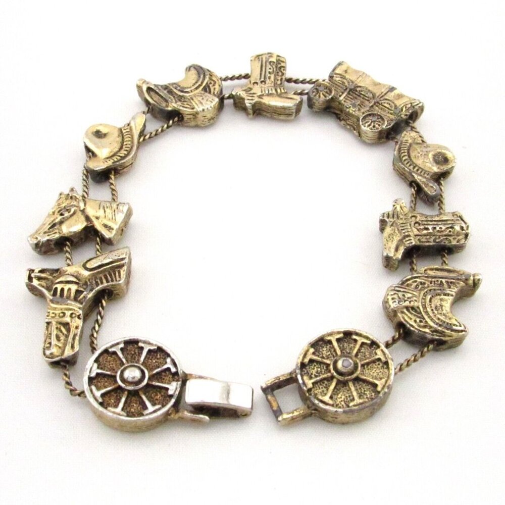 Vintage Western Horse Saddle Boot Equestrian Slide Charm Bracelet Gold Tone